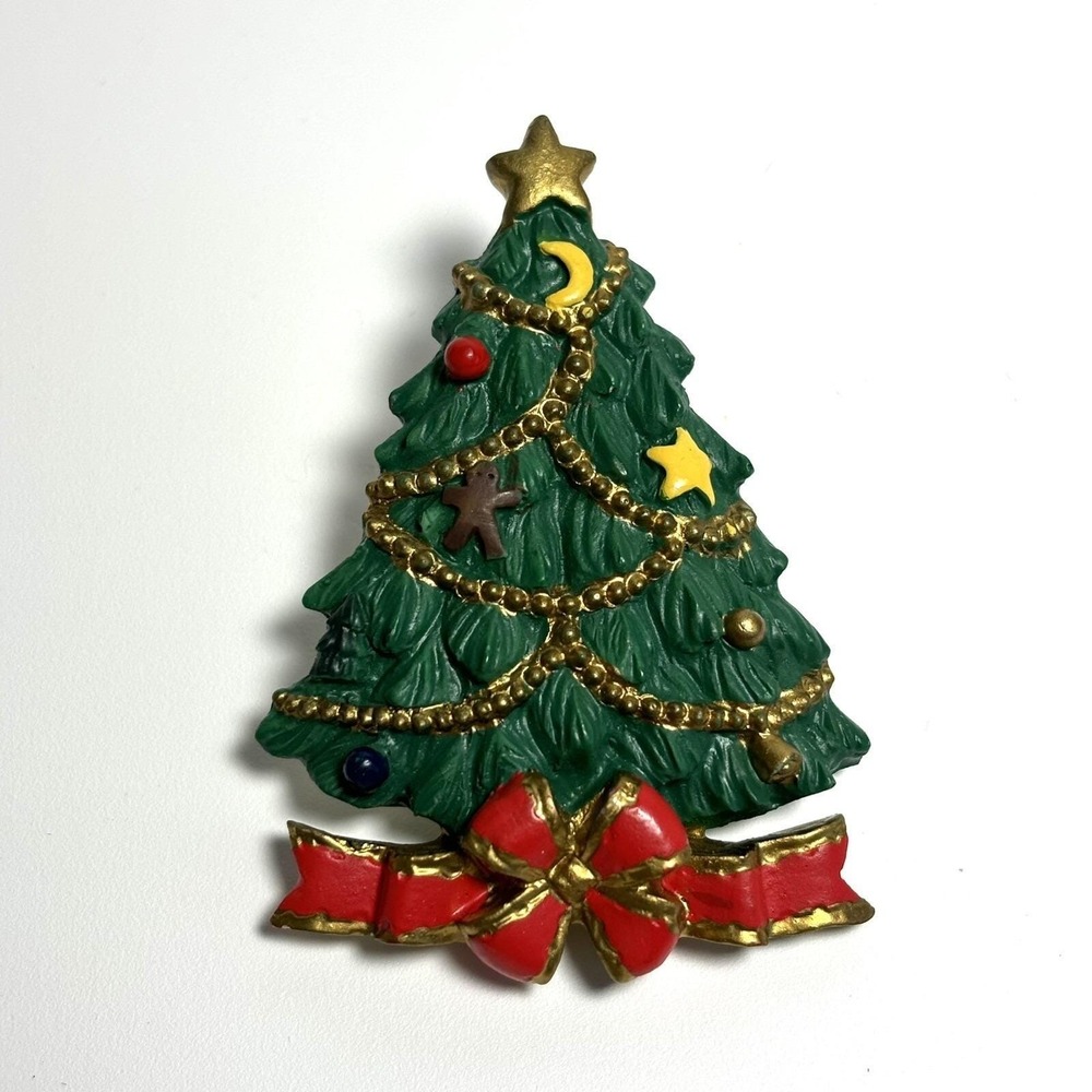 Vintage American Greetings Corp Christmas Tree Brooch Pin Green Red Bow Resin